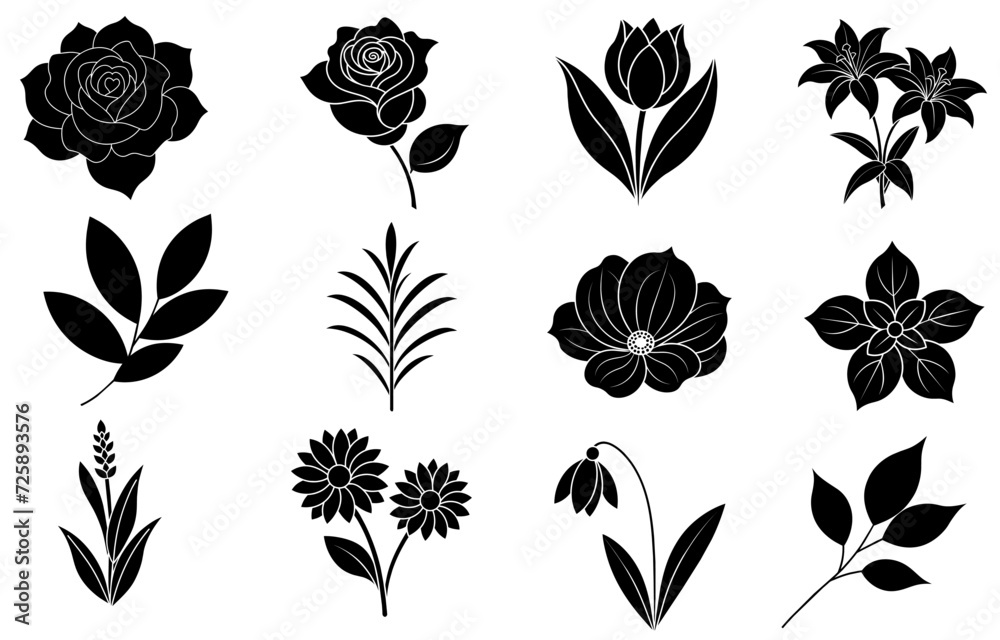 Collection of silhouette flower and leaf elements for invitation design, greeting cards, quotes, blogs, posters.