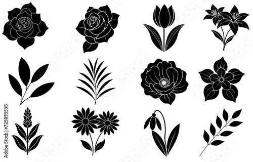 Collection of silhouette flower and leaf elements for invitation design, greeting cards, quotes, blogs, posters. photo