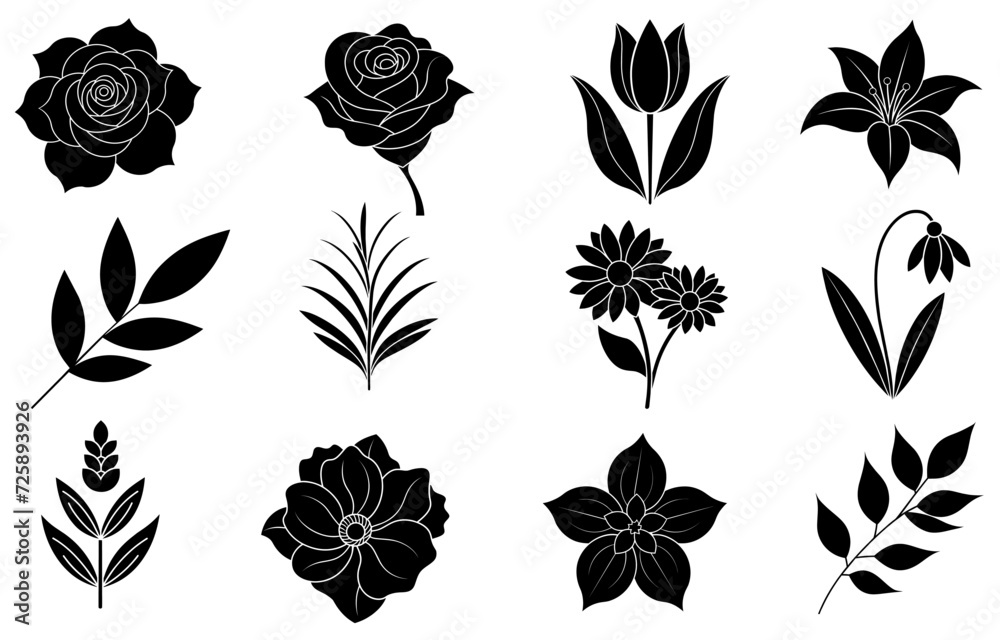 Collection of silhouette flower and leaf elements for invitation design, greeting cards, quotes, blogs, posters.