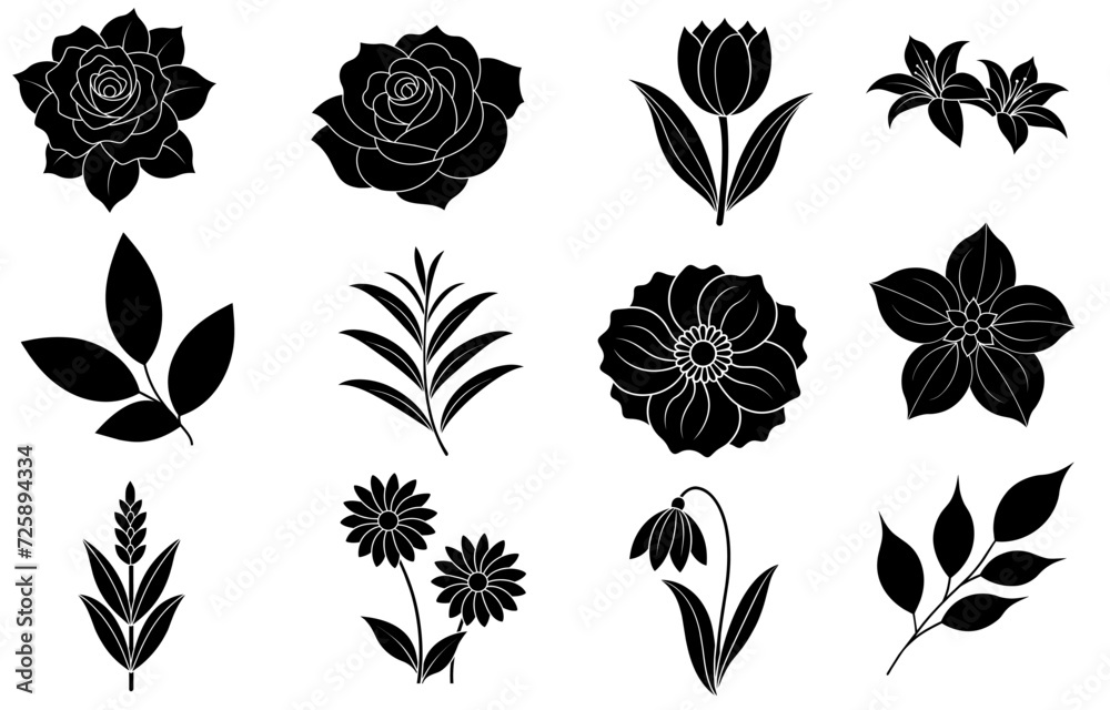 Collection of silhouette flower and leaf elements for invitation design, greeting cards, quotes, blogs, posters.