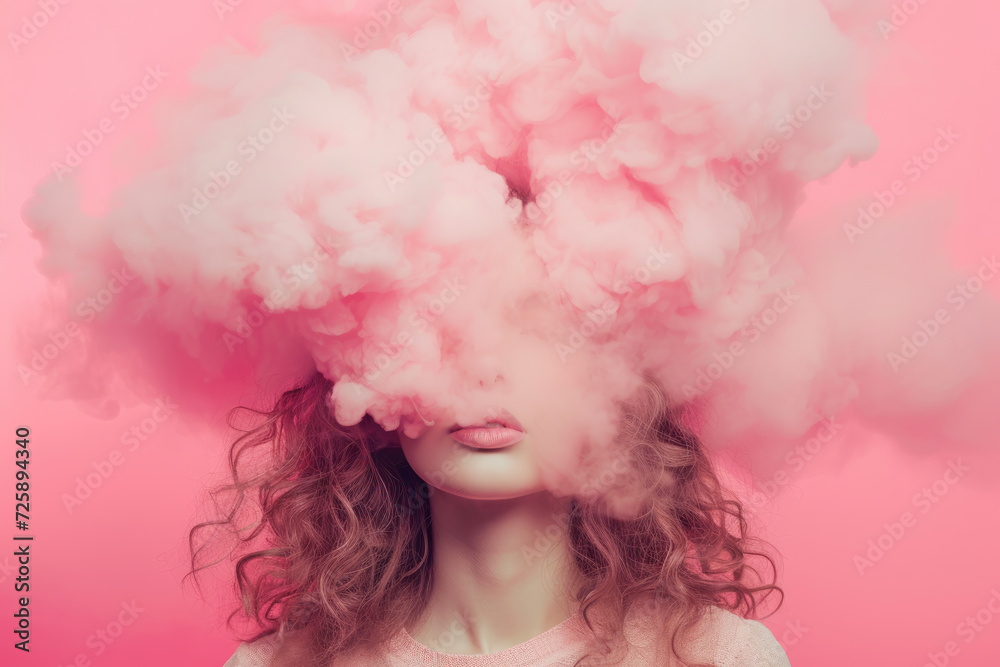 a young woman with her head in pink cloud on a pastel pink background	
