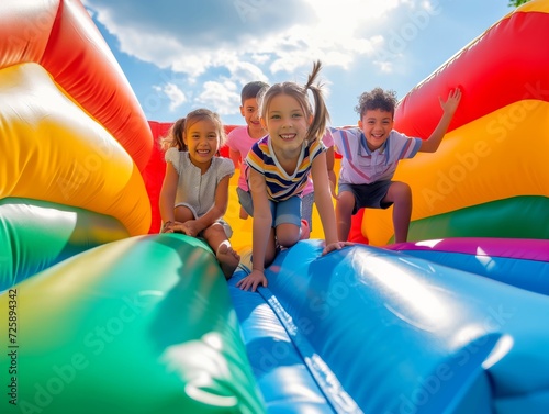 Fototapeta Naklejka Na Ścianę i Meble -  Kids at an outdoor bounce house.