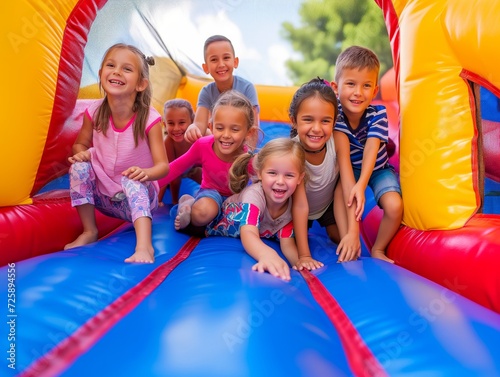 Kids at an outdoor bounce house.