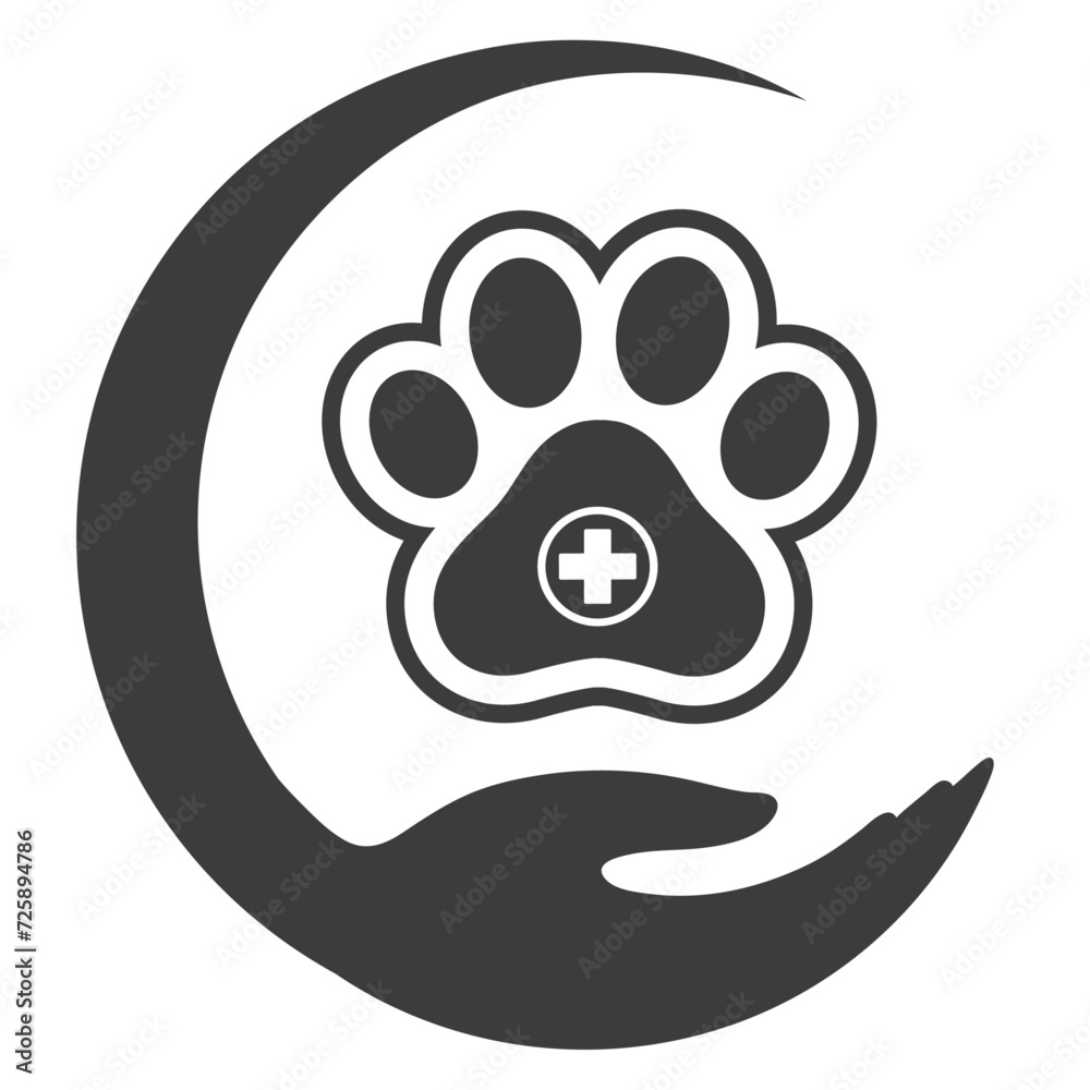 Illustration of a pet's paw in hand with a medical cross on a white background. Illustration of a pet's paw in hand with a medical cross on a white background.