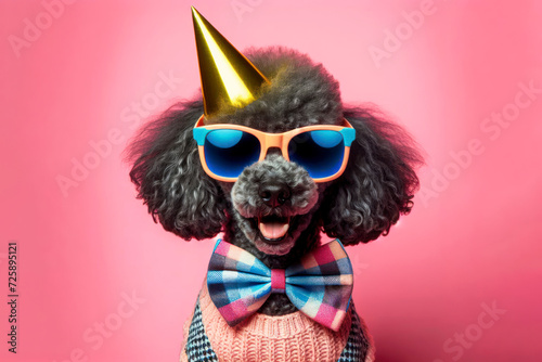 Poodle dog in party hat and sunglasses isolated on solid color background copy space. ai generative
