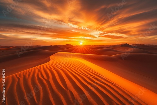 "A sunset over a vast desert, the sky ablaze with fiery oranges, reds, and yellows reflected in the undulating sand dunes",, 
