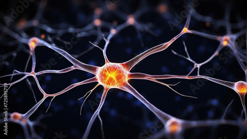 Neurons or brain nerve cells form part of the nervous system which process and transmit information by electrical and chemical signalling photo