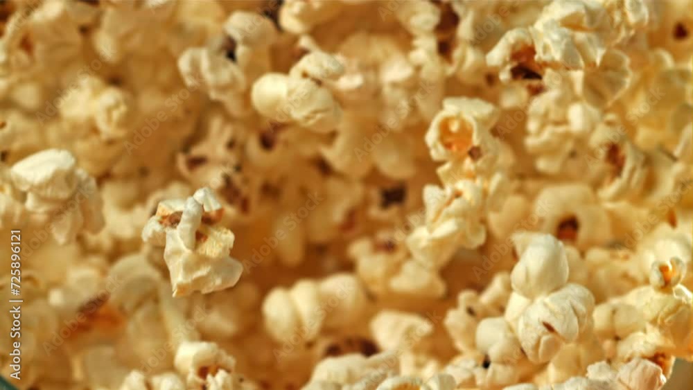 A bowl of popcorn falls on a yellow background. Filmed on a high-speed camera at 1000 fps. High quality FullHD footage A bowl of popcorn falls on a yellow background. Filmed on a high-speed camera at 1000 fps. High quality FullHD footage