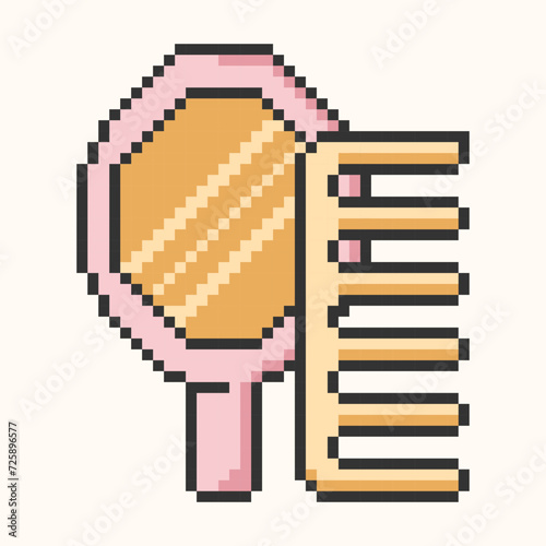 Mirror and comb icon pixel art isolated.Symbol, logo illustration for hair care,make up.Vector illustration EPS 10