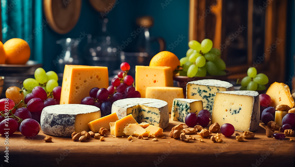 Various gourmet cheeses, fresh grapes on the table in the kitchen Various gourmet cheeses, fresh grapes on the table in the kitchen