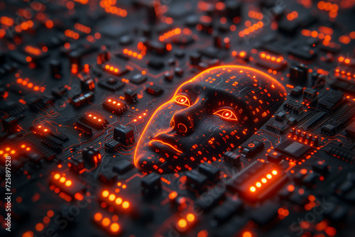 abstract graphic illustration of a head merged with a circuit board  artificial intelligence concept