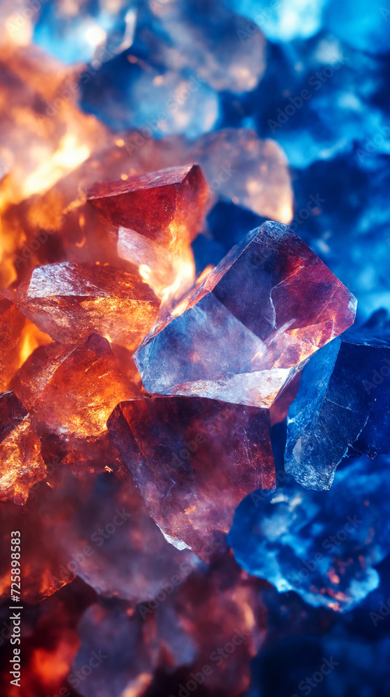 Close-up of a crystal illuminated by blue and red light. Close-up of a crystal illuminated by blue and red light.