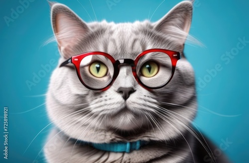 World Cat Day, serious domestic gray cat with glasses, vision check, ophthalmology salon, veterinary clinic, blue background