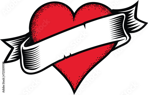 Classic Retro Valentines Day Heart Tattoo and banner Scroll Heart. Mom Tattoo, Wife or Girlfriend tattoo Hearts.