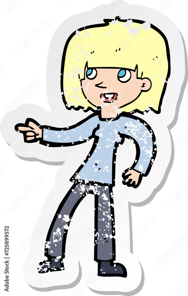 retro distressed sticker of a cartoon girl pointing retro distressed sticker of a cartoon girl pointing
