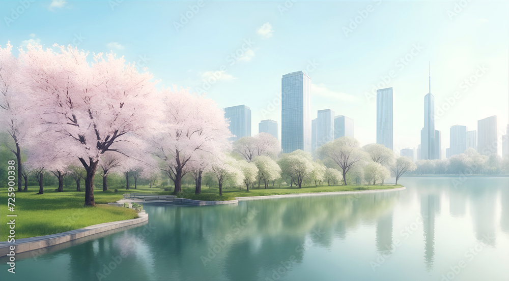 Spring landscape with blooming trees and high-rise buildings near a lake in a city park
