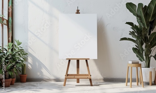 Wooden easel mockup with blank white canvas standing in lightful room with plants. photo