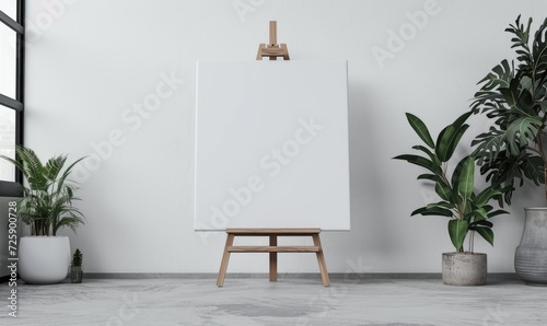 Wooden easel mockup with blank white canvas standing in lightful room with plants. photo