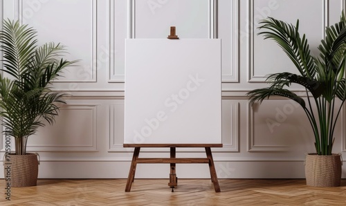 Wooden easel with blank canvas standing near white wall in modern interior room, mockup