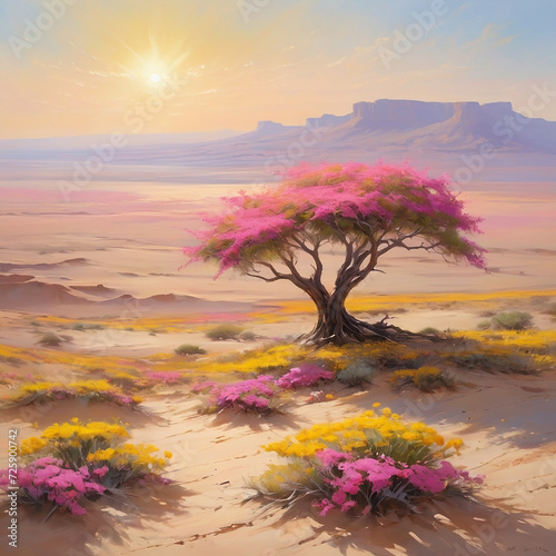 The vast desert, bathed in the warm and vibrant sunlight, was adorned with pockets of vibrant pink and yellow flowers. The distant horizon, like strokes of a painter's brush, circled around a tall sol