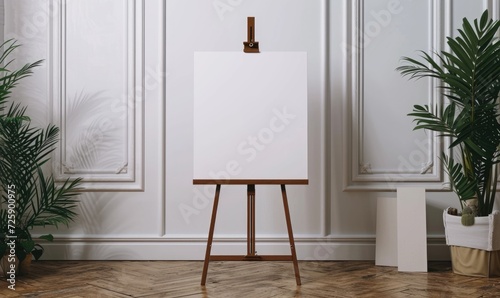 Wooden easel with blank canvas standing near white wall in modern interior room, mockup photo