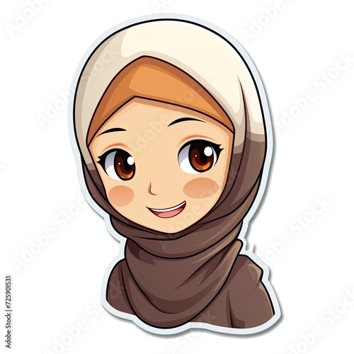 Muslim girl face cartoon sticker illustration, smiling young woman drawing