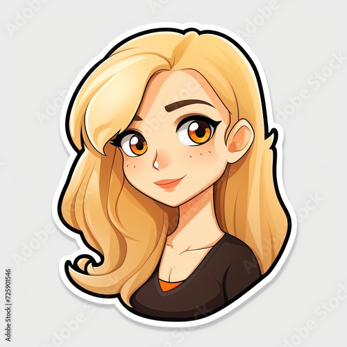 Blonde girl face cartoon sticker illustration, smiling young woman drawing