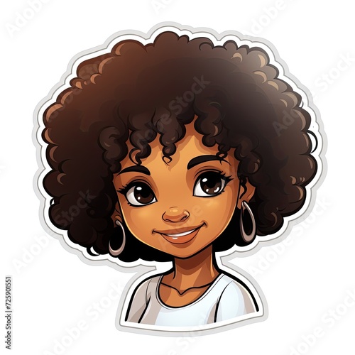 Afroamerican girl face cartoon sticker illustration, smiling young woman drawing