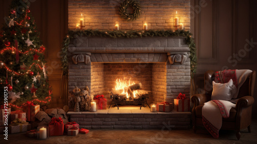 Cozy fireplace scene with Christmas stockings