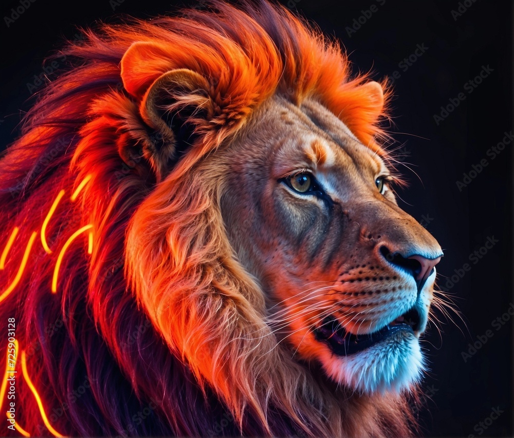 Fototapeta premium Lion with orange neon mane