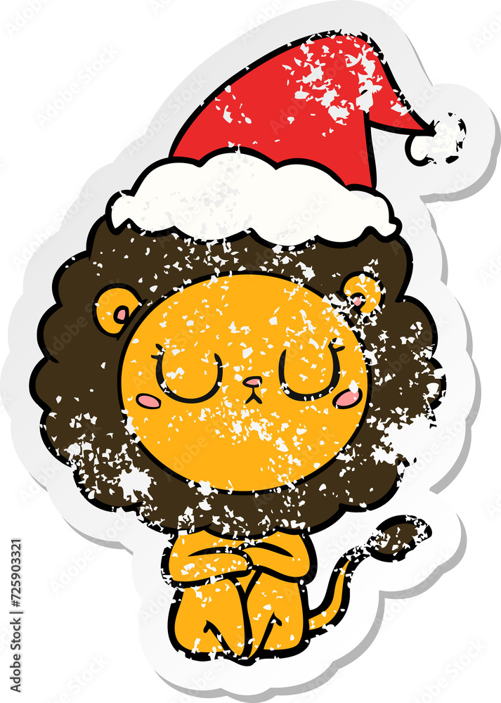 distressed sticker cartoon of a lion wearing santa hat
