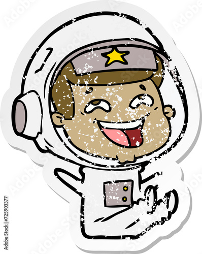 distressed sticker of a cartoon laughing astronaut