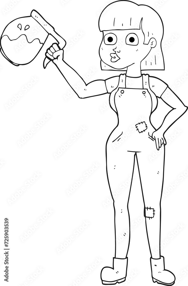 black and white cartoon woman in dungarees with coffee black and white cartoon woman in dungarees with coffee