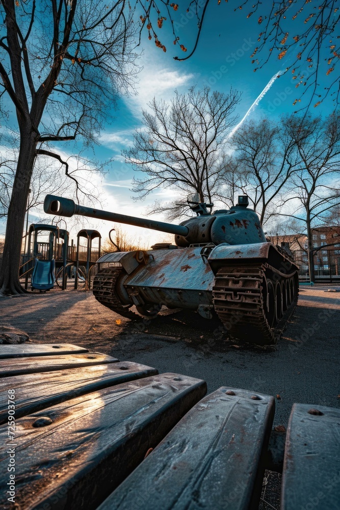 A tank is parked on a park, next to a playground. Generative AI.