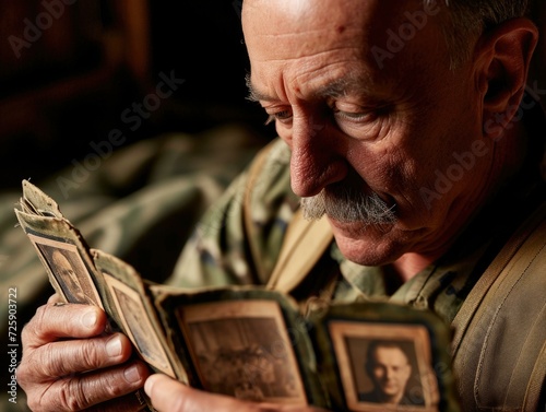 A man in a military uniform is looking at a photo album. Generative AI.