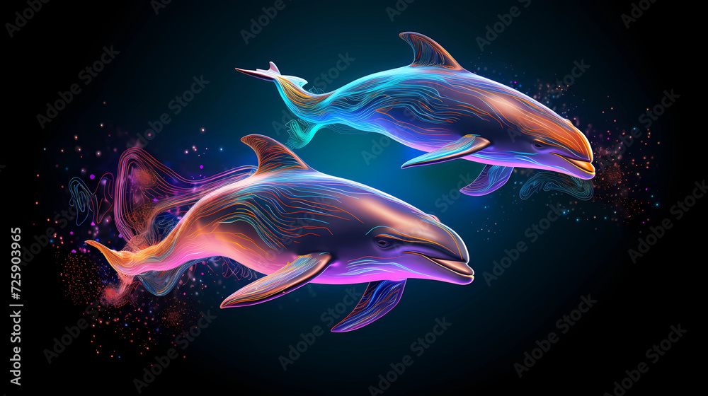 Dolphin Animal Plexus Neon Black Background Digital Desktop Wallpaper HD 4k Network Light Glowing Laser Motion Bright Abstract	 - obrazy, fototapety, plakaty 