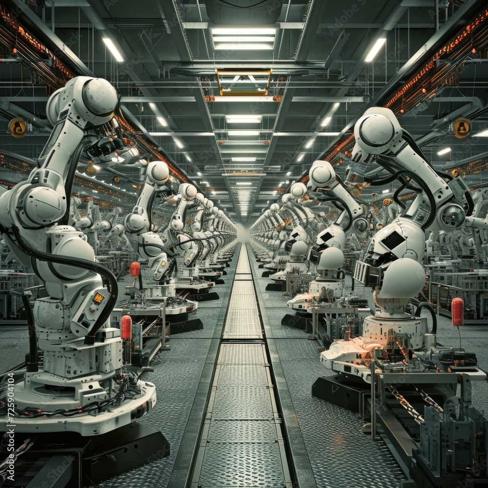 Robots in a factory with many machines. Generative AI.