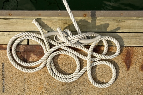 Coiled white laid rope hitched to cleat on dock