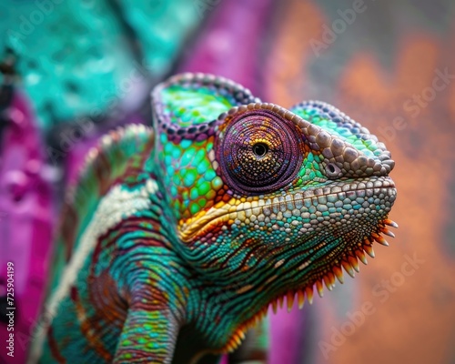 A colorful chameleon is standing in front of a colorful wall. Generative AI. © serg3d