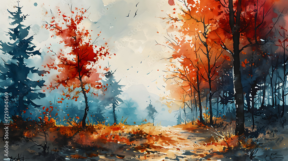 Autumn Forest Watercolor Landscape.
