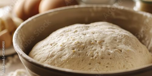 Artisanal Yeast Dough, copy space. A close-up image of freshly kneaded yeast dough resting in a bowl, ready for baking, set on a kitchen countertop. photo