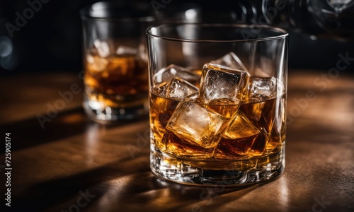 Filled whiskey glass with a drink and ice cubes stands on a bar counter. Atmosphere of a night pub, bar, club. Alcoholic beverage, glass, ice, bar table