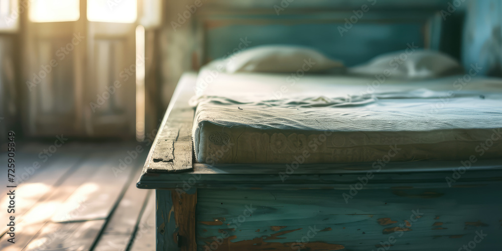 Detail of an Antique Worn Mattress on a Vintage Bed.  Weathered texture and torn fabric of an old mattress, showing signs of wear and age, set against the backdrop of a rustic bed frame.