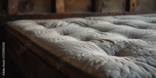 Detail of an Antique Worn Mattress on a Vintage Bed. Weathered texture and torn fabric of an old mattress, showing signs of wear and age, set against the backdrop of a rustic bed frame.