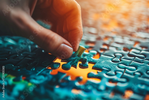 heartwarming photo of a person joyfully completing a puzzle, capturing the moment the missing piece is found, symbolizing the satisfaction of solving a problem