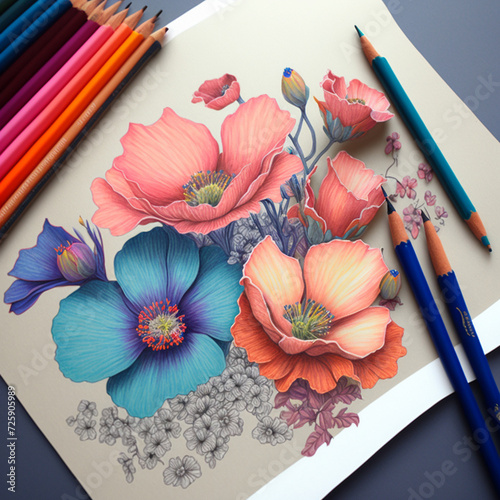 Botanical Vibrant Flower Art and Colorful Floral Illustration, Floral Watercolor Pencil Sketch, flower coloring page, flower cluster drawing, Generative AI