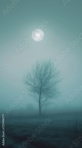 Foggy Field With Tree and Full Moon
