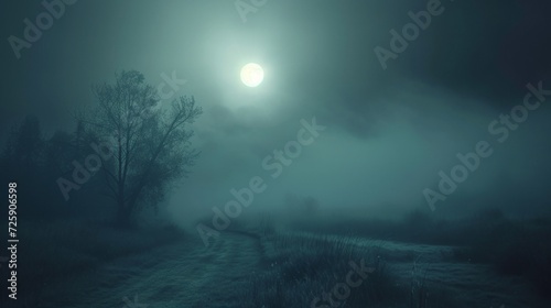 A Foggy Road at Night With a Full Moon in the Distance © NK