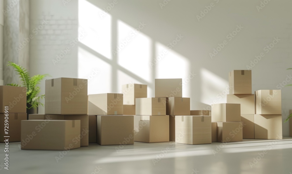 Stack of cardboard boxes in white room with sunlight. Space for text. Box mockup on white Stack of cardboard boxes in white room with sunlight. Space for text. Box mockup on white