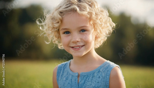 Young Blonde Girl in Blue Dress Smiling at Camera - Cheerful Headshot with Soft Light and Sky Blue Eyes